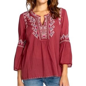 Johnny Was Willow Blouse Embroidered Burgundy Red